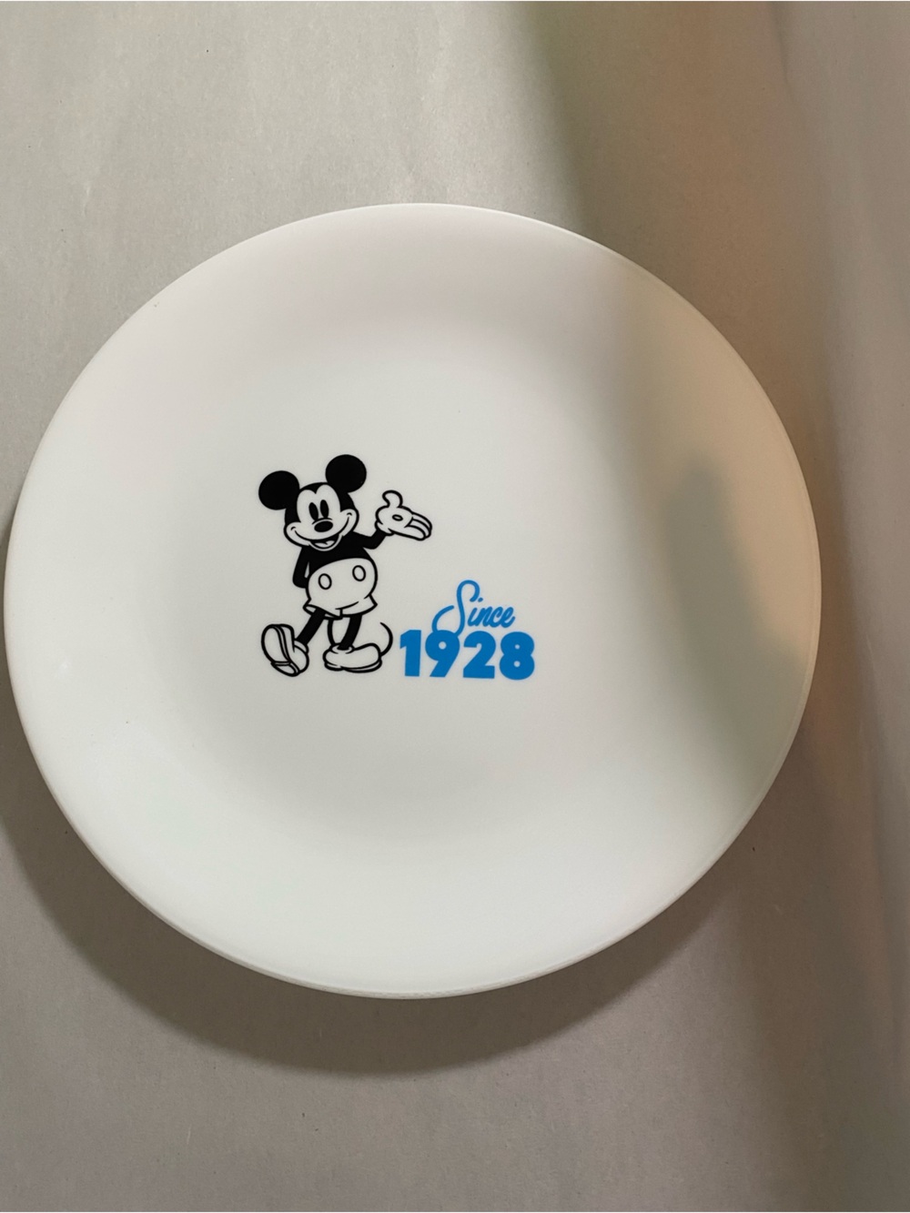 Corelle White Plate with Black Mickey Mouse and Blue "1928" Accent